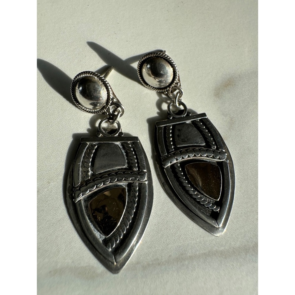 VJA Sterling Silver 925 Shield Drop Earrings Mixed Metal Geometric Artisan Boho